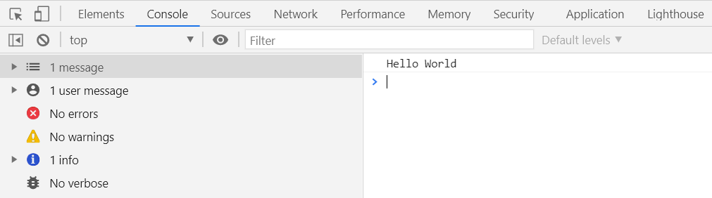 javascript console log hello world